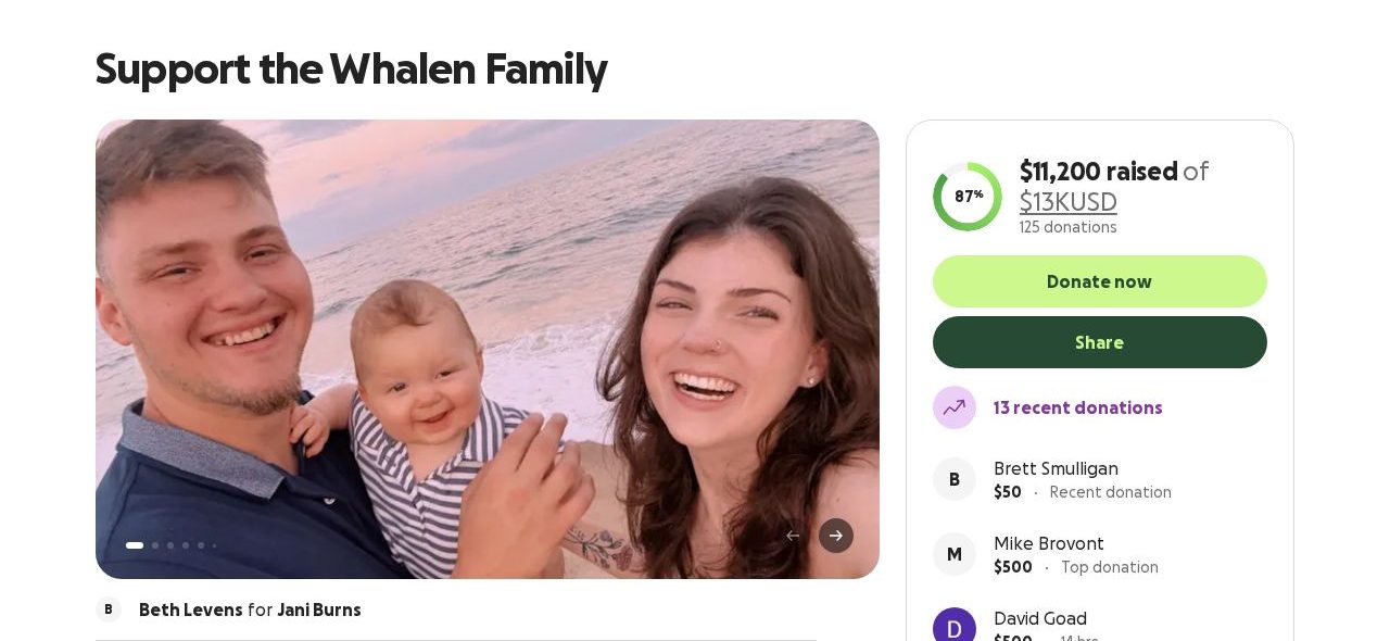 Screenshot of the Support the Whalen Family campaign page on GoFundMe