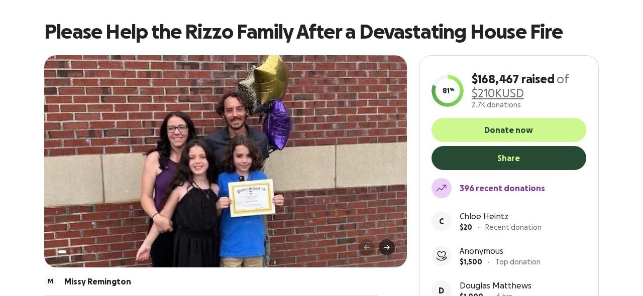 Screenshot of the Please Help the Rizzo Family After a Devastating House Fire campaign page on GoFundMe