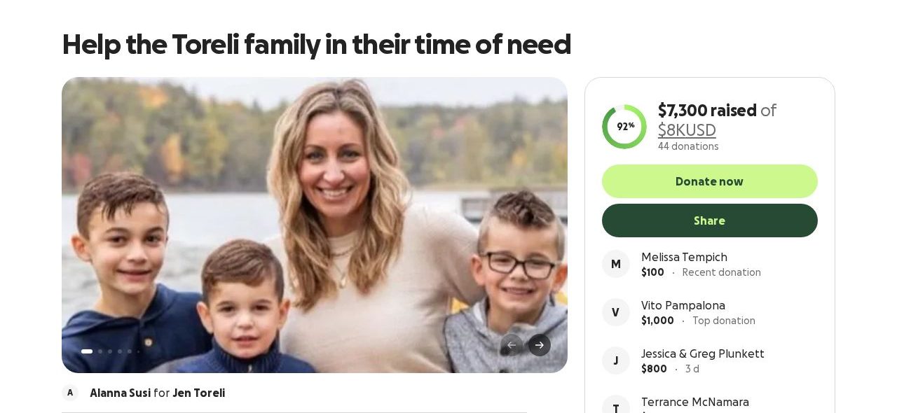 Screenshot of the Help the Toreli Family in Their Time of Need campaign page on GoFundMe