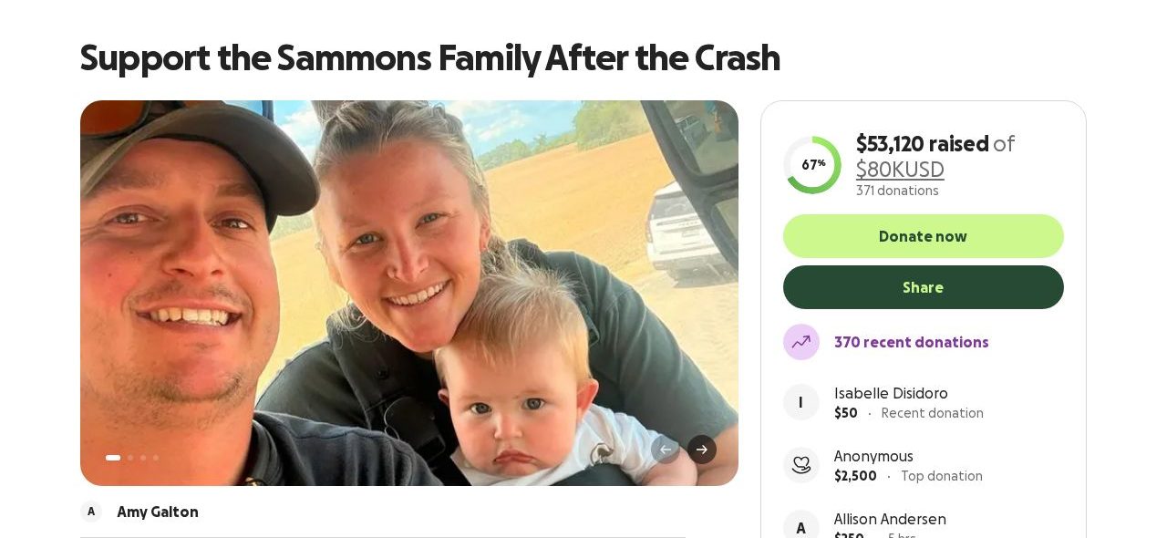 Screenshot of the Support the Sammons Family After the Crash campaign page on GoFundMe
