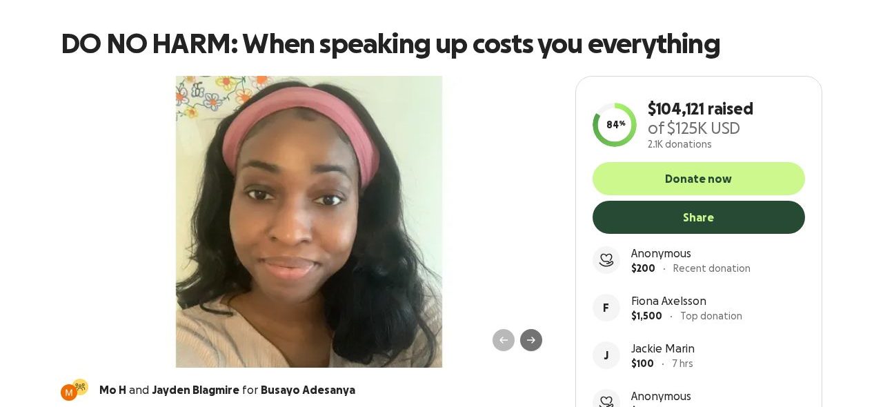 Screenshot of the DO NO HARM: When Speaking Up Costs You Everything campaign page on GoFundMe