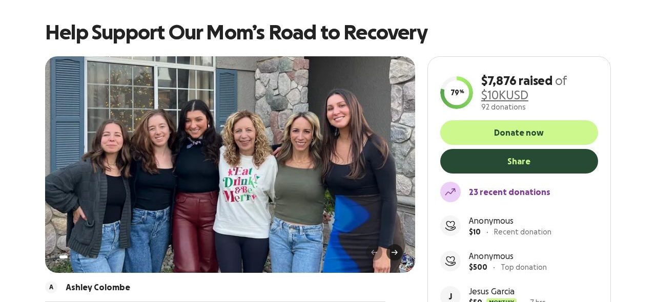 Screenshot of the Help Support Our Mom's Road to Recovery campaign page on GoFundMe