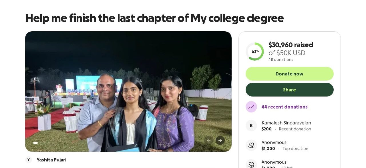 Screenshot of the Help Me Finish the Last Chapter of My College Degree campaign page on GoFundMe