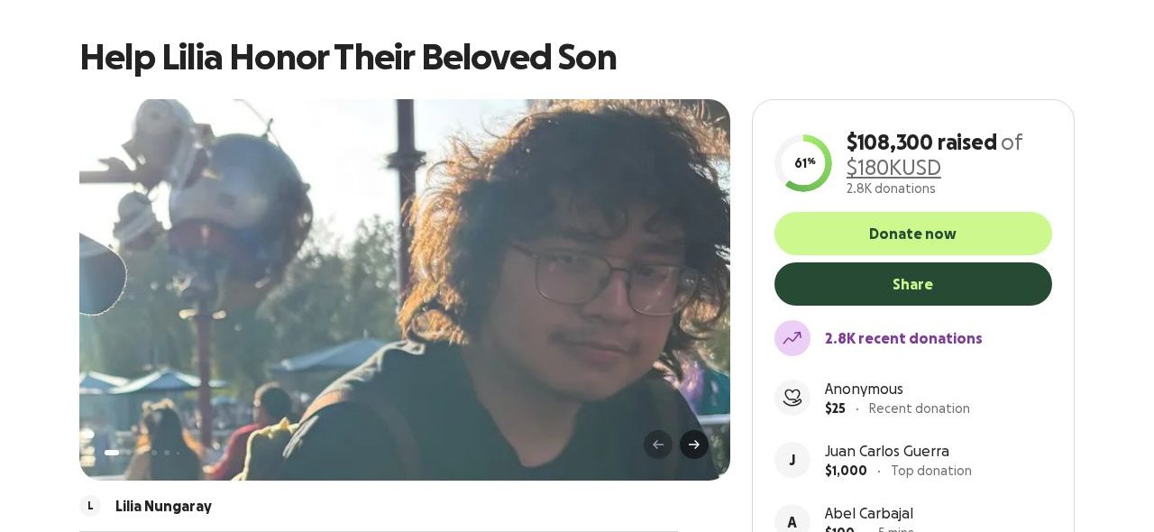Screenshot of the Help Lilia Honor Their Beloved Son campaign page on GoFundMe