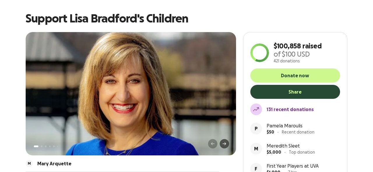 Screenshot of the Support Lisa Bradford's Children campaign page on GoFundMe