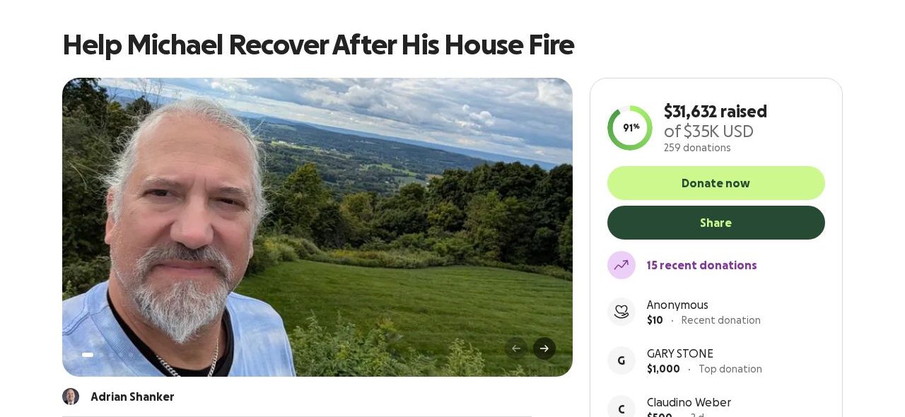 Screenshot of the Help Michael Recover After His House Fire campaign page on GoFundMe