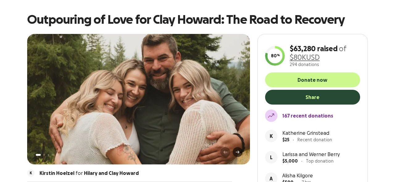 Screenshot of the Outpouring of Love for Clay Howard: The Road to Recovery campaign page on GoFundMe