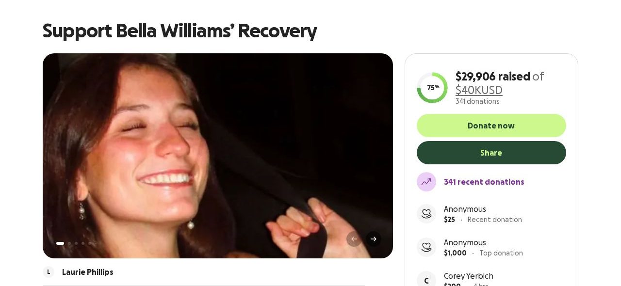 Screenshot of the Support Bella Williams' Recovery campaign page on GoFundMe